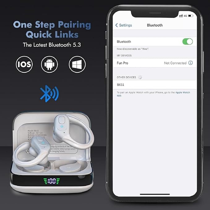 Bluetooth Headphones Wireless Earbuds with 75Hrs Playback, LED Display Charging Case, IPX7 Waterproof, Over-Ear Design Ear Buds for Sports/Running/Workout - White