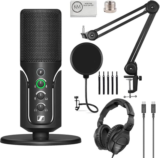 Sennheiser Profile USB Condenser Microphone with Desktop Stand Bundled with Closed-Back Headphones + Microphone Boom Arm + Wind Screen Pop Filter + Microfiber Cleaning Cloth (5 Items)