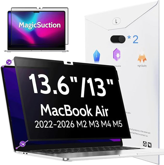 Peslv Privacy Screen for MacBook Air 13.6/13 Inch (2022-2026, M2, M3, M4, M5), MagicSuction™ Removable Anti Spy Black Protector, Glare Blue Light Filter for Mac Laptop Computer