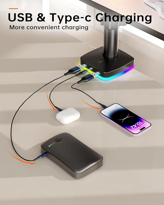 Afaloona RGB Dual Monitor Desk Mount, Monitor Stand with 3 USB Ports, Charging and USB Data Transfer Function, Adjustable Arms for 13-27" Monitors up to 17.6lbs, VESA 75x75-100x100mm,Ergonomic Design
