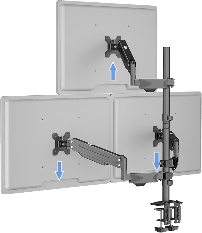 Pholiten Triple Monitor Mount, 3 Gas Spring Monitor Arms for Up to 32 inches Screens, Fully Adjustable Heavy Duty Triple Monitor Mount with Cable Management, Each Arm Holds 22 lbs