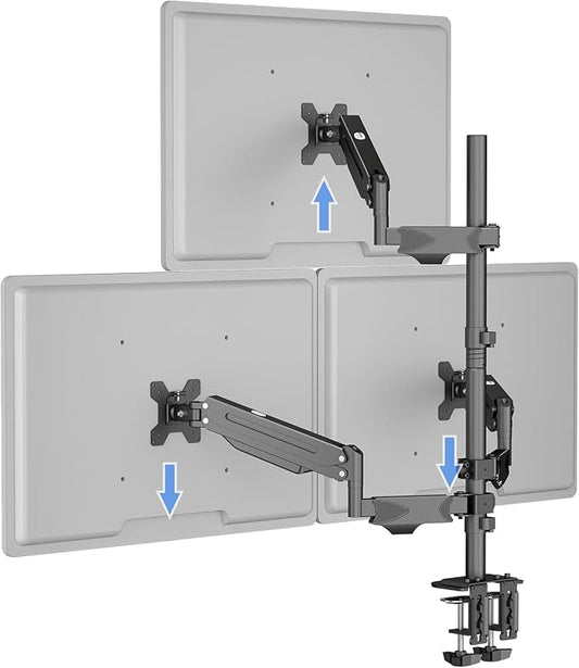 Pholiten Triple Monitor Mount, 3 Gas Spring Monitor Arms for Up to 32 inches Screens, Fully Adjustable Heavy Duty Triple Monitor Mount with Cable Management, Each Arm Holds 22 lbs