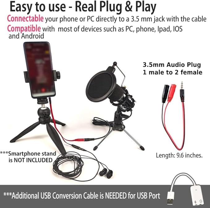 Japard Gaming USB Microphone for PC High Sensitivity, Mini Condenser 3.5 mm Plug for iPhone iPad Android, Broadcast Music Recording Set for Computer Meeting Podcast, Gift for Kids