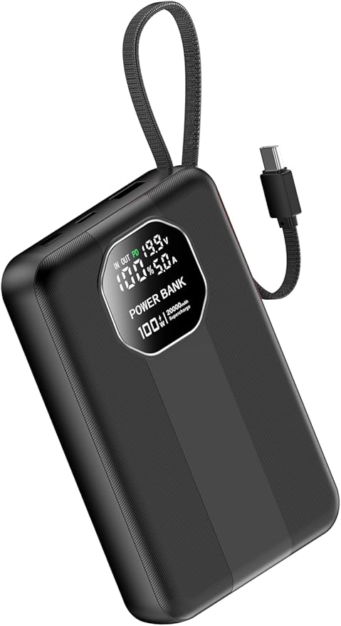 Portable Charger 100W Laptop Power Bank 20000mAh with Built-in USB-C Cable, USB-C Input/Output Battery Pack for Laptops, MacBook, Smartphones, Tablets