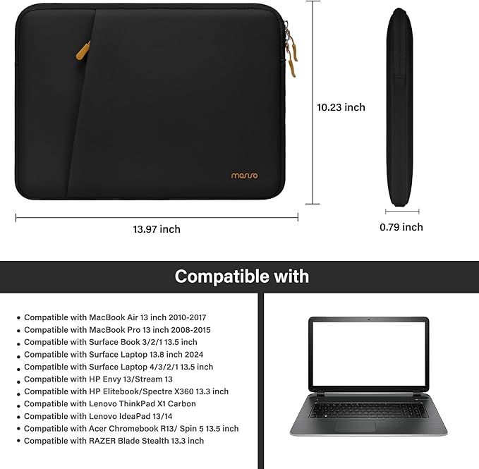 MOSISO 13.3 inch Laptop Case, 13-13.3 inch Laptop Sleeve Compatible with MacBook Air 13 13.6/Pro 13/Pro 14 M5 M4 M3 M2 M1, HP Dell ASUS Lenovo, Neoprene Carrying Computer Bag with Bevel Pocket, Black
