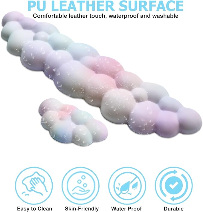 Cloud Wrist Rest Keyboard, PU Leather Memory Foam Wrist Support for Computer Keyboard, Ergonomic Keyboard Pad and Cute Mouse Wrist Pad for Gaming, Office, Computer, Easy Typing Pain Relief, Rainbow