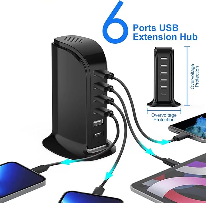 USB Charging Station for Multiple Devices, 5 USB Ports + 1 Type C Multiport Charger Tower, Compatible with Smartphones, Tablets and Other Devices (Black)