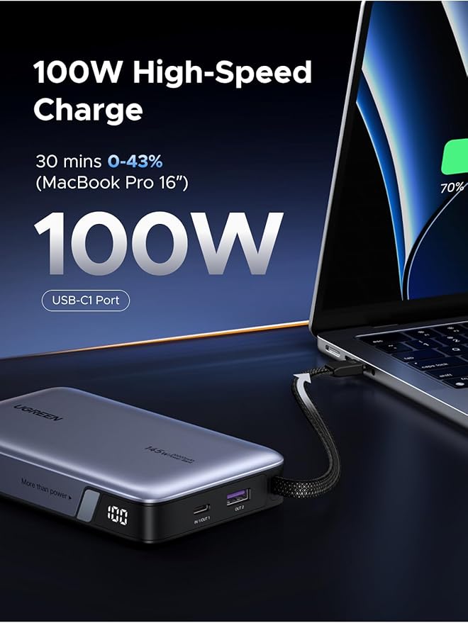 UGREEN Nexode Power Bank, 20000mAh 145W Laptop Portable Charger with Built-in USB-C Cable 72Wh Fast Charging Business Travel Battery Pack for MacBook Pro/Air/ipad/iPhone 17/Samsung S25/Dell/HP/Lenovo