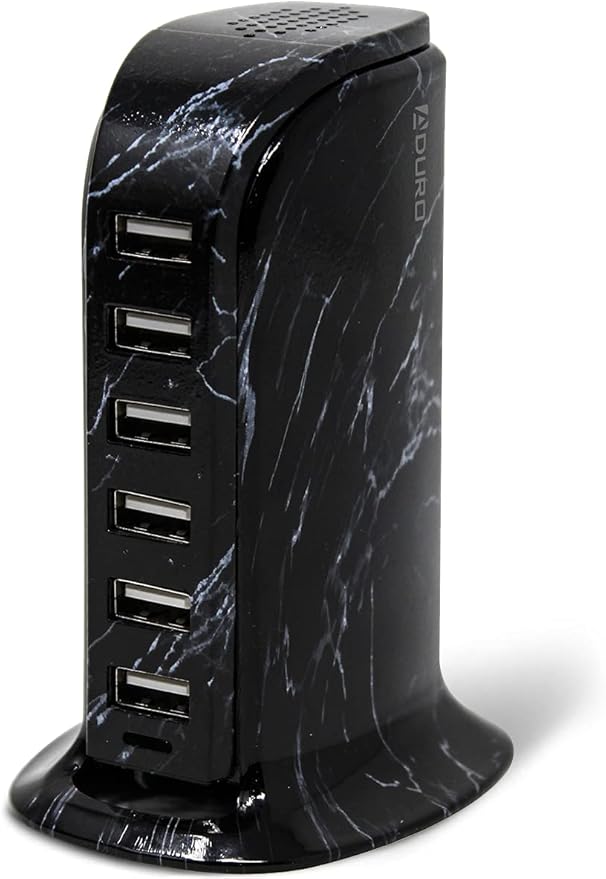 Aduro 40W 6-Port USB Desktop Charging Station Hub Wall Charger for iPhone iPad Tablets Smartphones with Smart Flow (Black Marble)