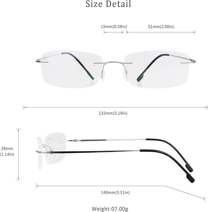 LifeArt Blue Light Blocking Computer Reading Glasses,Men's and Women's Rimless Frame (Silver, No Magnification)