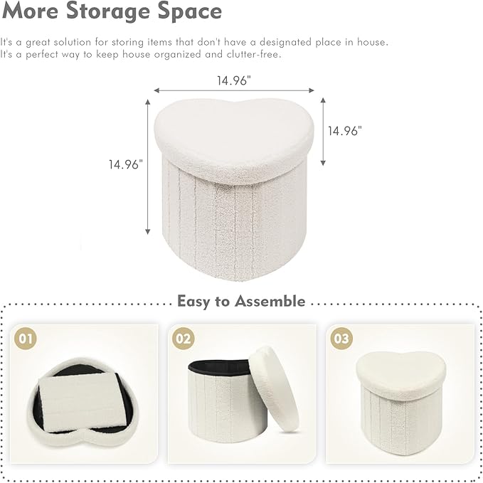 B FSOBEIIALEO Storage Ottoman Cube, Heart Shaped Ottomans with Storage Foot Stool Footrest for Lving Room, Boucle Ottoman Seat for Dorm Room,Faux Teddy Fur, White 15"x15"x15"