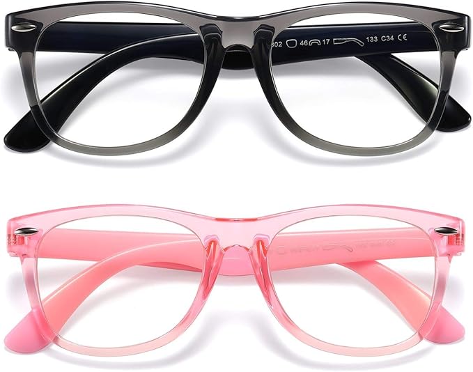 DYLB Kids Blue Light Blocking Glasses girls boys 2 pack, computer video gaming glasses for kids girls boys Age 3-9,Anti blue light & Headache (transparent black + transparent pink)