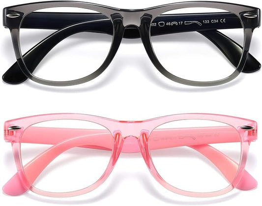 DYLB Kids Blue Light Blocking Glasses girls boys 2 pack, computer video gaming glasses for kids girls boys Age 3-9,Anti blue light & Headache (transparent black + transparent pink)
