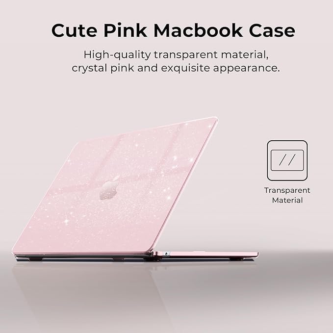 EooCoo Case Compatible with MacBook Air 13 inch M5 2026-2022 Release M4 M3 M2 A3449 A3240 A3113 A2681, Glitter Hard Shell&Keyboard Skin Cover&Screen Protector for Mac Air 13.6 inch, Sparkly Baby Pink