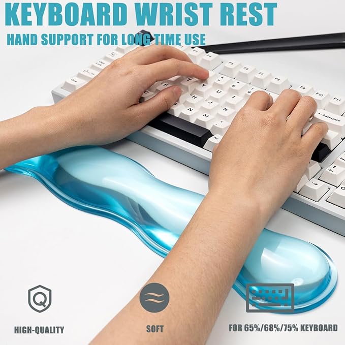 Clear Gel Keyboard Wrist Rest, Blue Silicone Keyboard Wrist Rest, Cute Ergonomic Wrist Rest for Keyboard 60%/75% (Blue-Long)