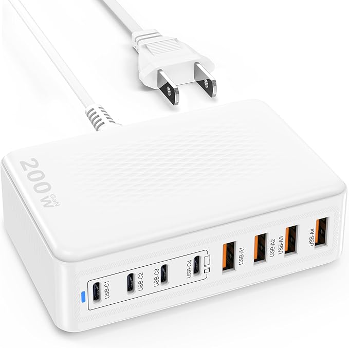USB C Fast Charger Block, 200W GaN 8 Port PD USB C Wall Charging Station Hub, Type C Power Adapter Plug Cube Brick Box for Apple iPhone 17 16 15 14 13 12 Pro Max,iPad, MacBook Pro/Air/, Samsung Galaxy