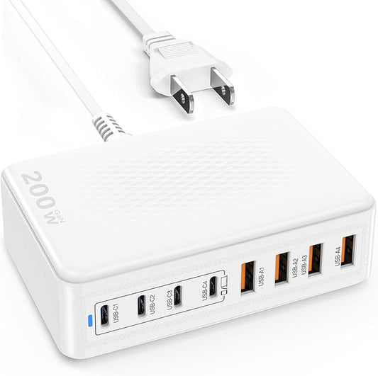 USB C Fast Charger Block, 200W GaN 8 Port PD USB C Wall Charging Station Hub, Type C Power Adapter Plug Cube Brick Box for Apple iPhone 17 16 15 14 13 12 Pro Max,iPad, MacBook Pro/Air/, Samsung Galaxy