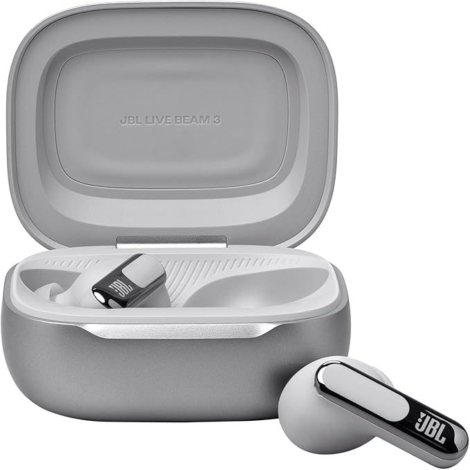 JBL Live Beam 3 - True wireless noise-cancelling stick-closed earbuds, 48Hrs total playback, Wireless Charging, 6 Mics for perfect calls, Multi-point connection, IP55 waterproof and dustproof (Silver)