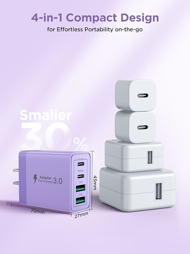 USB C Wall Charger, 40W 4-Port Fast USB C Charger Block Dual Port PD + QC Wall Plug Multiport Type C Charging Block for iPhone 17 16 15 14 13 12 11 Pro Max XS XR 8, iPad, Samsung Phone, Tablet
