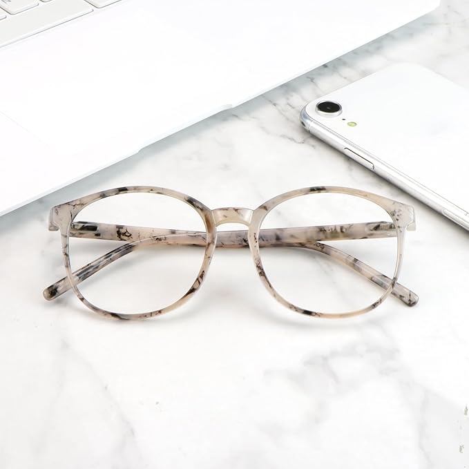 LifeArt Round Blue Light Blocking Glasses, Computer Glasses, Gaming Glasses, TV Glasses for Women Men (Marble, 1.50 Magnification)