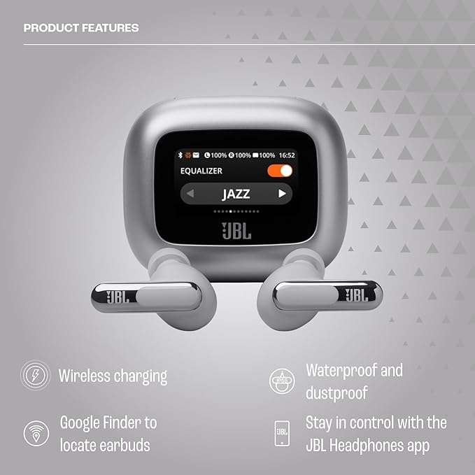 JBL Live Beam 3 - True wireless noise-cancelling stick-closed earbuds, 48Hrs total playback, Wireless Charging, 6 Mics for perfect calls, Multi-point connection, IP55 waterproof and dustproof (Silver)