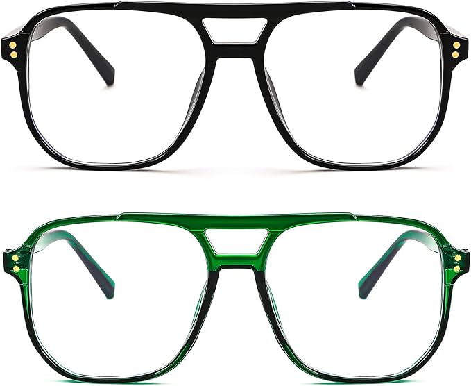 FEISEDY 2Pack Blue Light Blocking Glasses Fake Nerd Clear Square Computer Lightweight Pilot Glasses Frame Oversized B2866