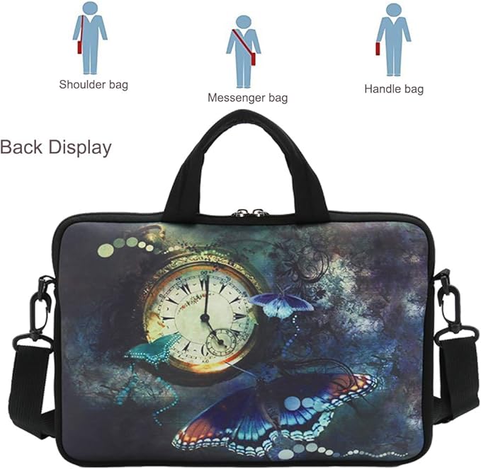 RICHEN 14 15 15.4 15.6 inch Laptop Shoulder Bag Messenger Bag Notebook Handle Sleeve Neoprene Carrying Case with Accessories pocket (14-15.6 inch, Clock & Butterfly)