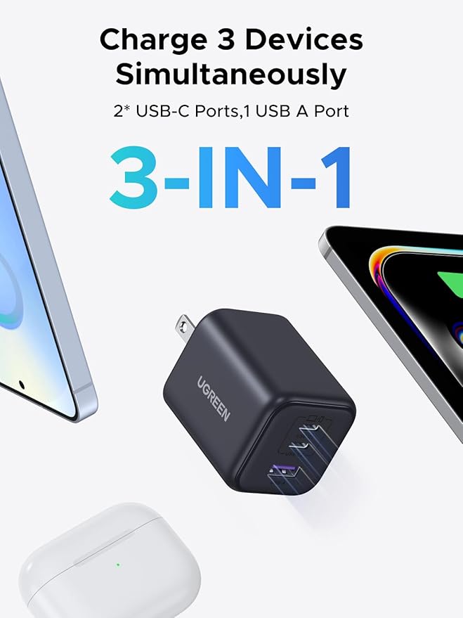 UGREEN 45W USB C GaN Charger for iPhone 17, PPS 3 Port Super Fast Charger Block for iPhone 17/16/15 Pro Max, Galaxy S26/S25/S24 Ultra, Pixel, iPad, MacBook Neo/Air and More Series, Matte Black