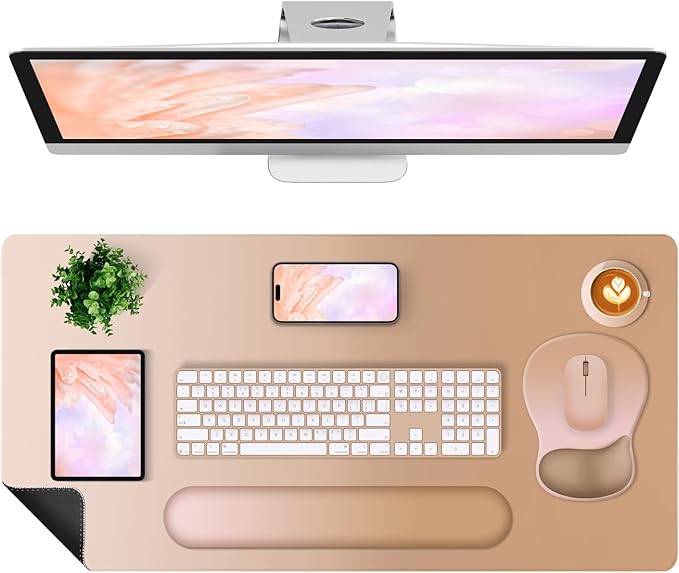 4-in-1 Large Gaming Mouse Pad, Keyboard Wrist Rest Pad & Wrist Support Mousepad Set, Extended Desk Pad Waterproof Desk Mat Protector for Home Office Decor Study Game 35.4×15.7 Inches I Milk Tea Brown