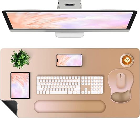 4-in-1 Large Gaming Mouse Pad, Keyboard Wrist Rest Pad & Wrist Support Mousepad Set, Extended Desk Pad Waterproof Desk Mat Protector for Home Office Decor Study Game 35.4×15.7 Inches I Milk Tea Brown