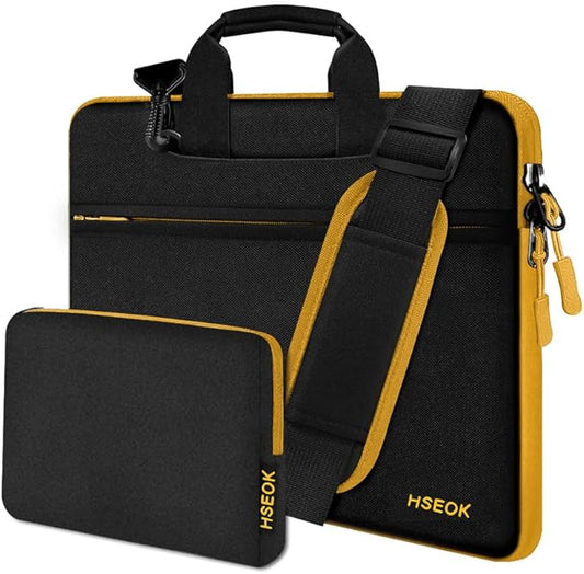 Hseok Laptop Shoulder Bag 13-14 inch Shockproof Water-Resistant HandBag with Small Case Compatible with MacBook Pro/Neo 14" M5/M4/M3/M2/M1, Mac Air/Pro 13.3", XPS 13/14, Most 13"-14" PC,Black-yellow
