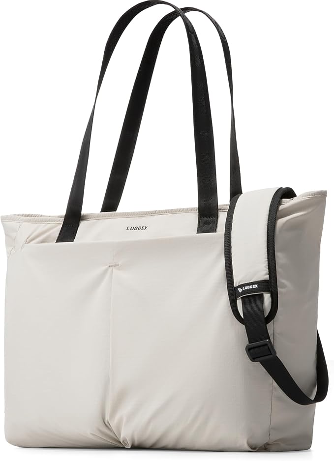 LUGGEX Laptop Tote Bag, LTX04 15L Lightweight Work Tote for 13-15.6 Inch Laptop, Water-Resistant Nylon Computer Shoulder Bag with Padded Sleeve, Bottle Holders & Luggage Strap (LTX04, Beige)