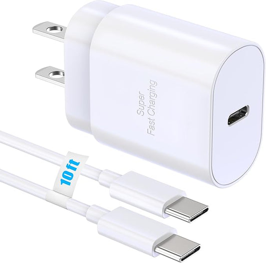 TT&C 30W USB-C Super Fast Charger with 10ft Type C Cable, PD Wall Block Compatible with iPhone 17/16/15 Pro Max/Air, iPad Pro, and Galaxy S25/S24-1 Pack