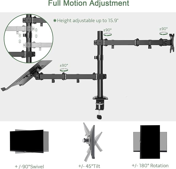 UPGRAVITY Monitor and Laptop Mount, Monitor Arm with Vented Tray for 13" to 27" LCD Computer Screens and Notebook up to 17 inch, Fully Adjustable Laptop Mount Stand Holds up to 17.6lbs