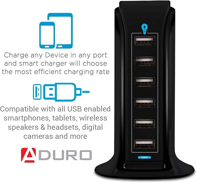 Aduro 40W 6-Port USB Desktop Charging Station Hub Wall Charger for iPhone iPad Tablets Smartphones with Smart Flow (Black)