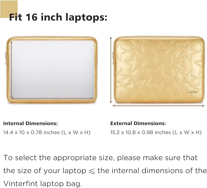 15 16 inch Laptop Sleeve Case for 15" MacBook Pro/Air M5 M4, 16" MacBook Pro M5, 15" Surface Laptop 7, 15" IdeaPad Slim 5i Gen 9, 16" ThinkPad E16, 16" XPS 16, HP Notebook Bag Cover, Gold