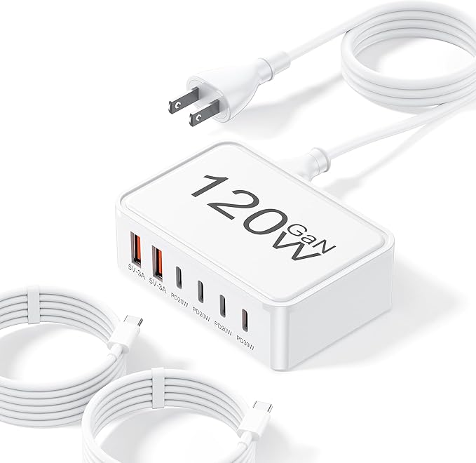 120W USB C Charger Block, 6 Port USB Charging Station for Multiple Devices, PD 30W Type C Multi Port Fast Charging Hub for iPhone 17 16 15 14 Pro Max ipad Samsung Galaxy, for Travel Home Office, White