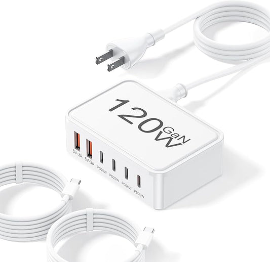 120W USB C Charger Block, 6 Port USB Charging Station for Multiple Devices, PD 30W Type C Multi Port Fast Charging Hub for iPhone 17 16 15 14 Pro Max ipad Samsung Galaxy, for Travel Home Office, White