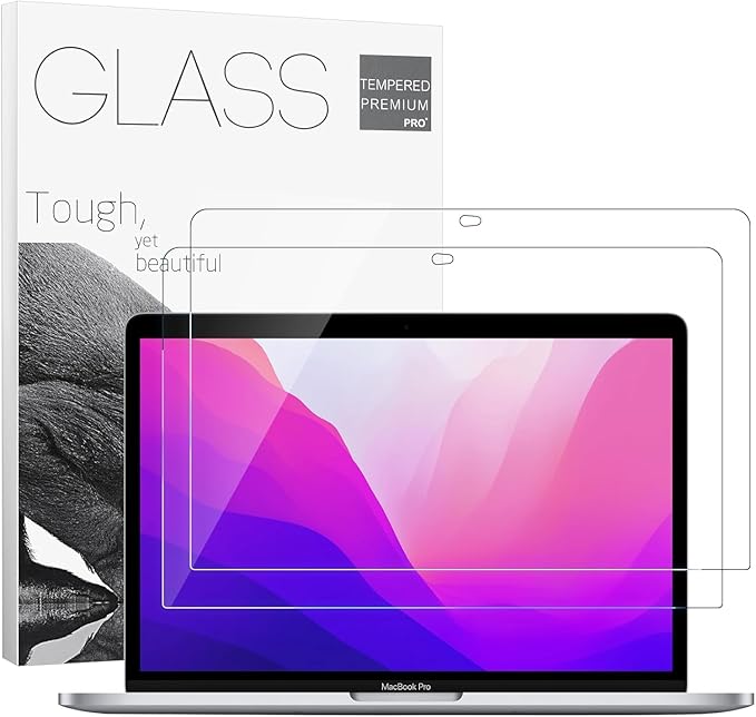 2Pack- 9H Hardness Tempered Glass Screen Protector for MacBook Pro 13" (M1/M2 2016-2022)/ MacBook Air 13 inch (M1 2018-2021), Bubble Free, Ultra Thin HD Transparency, Anti Scratch