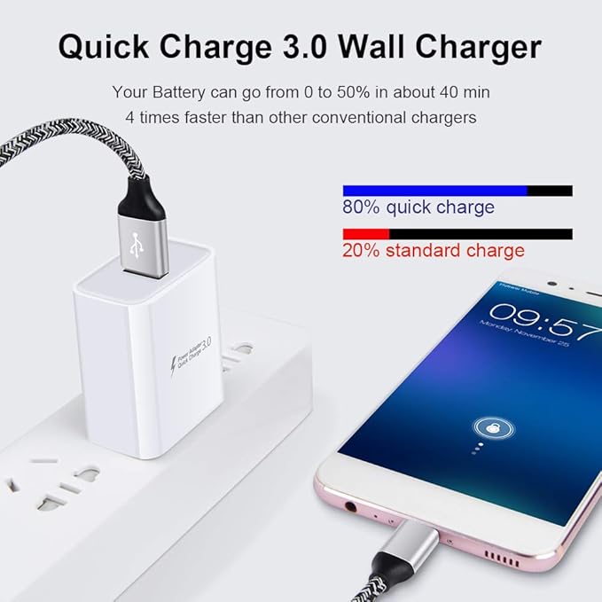 Quick Charge 3.0 Fast Wall Charger for LG Stylo 6 5 4, LG K51 K92 G8 G7 G6 G5 V35 V40 V60 ThinQ, Samsung Galaxy S26 S25 S24 S23 A56 A36 A17 A16 5G, 18W Fast Adapter, 6Ft USB Type C Charging Cable