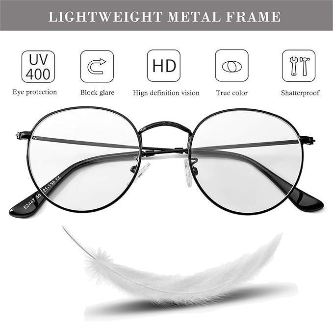 HJSTES Round Blue Light Glasses for Women Men Retro Circle Clear Lens Metal Frame Eyeglasses