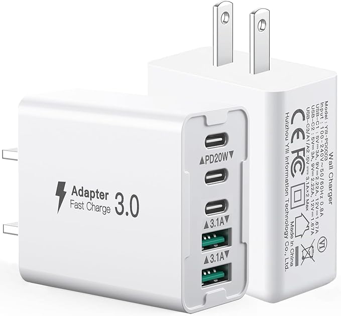 2-Pack 50W 5-Port USB C Charger Block - Fast Charging 3 USB C + 2 QC Wall Plugs for iPhone 12/13/14/15/16, Samsung S24/S23