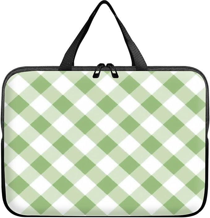 Laptop Sleeve Case Bag 15 inch, Green and White Checkered Slim Carrying Case Handbag Travel Laptop Bag for 15 inch MacBook Air M3/M2/15 Pro/Surface Laptop 7/6/5/4/3/ Dell XPS 15 Plus