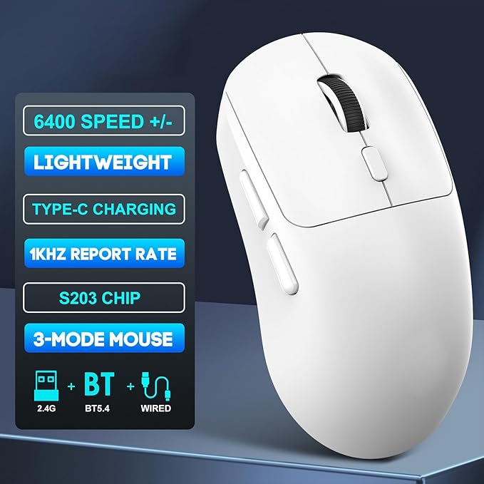 GOWENIC Wireless Gaming Mouse, 6400 DPI 3-Mode Gaming Mouse, 2.4G Wired 6 Keys Ergonomic Design for Desktop Laptop (T30 White)