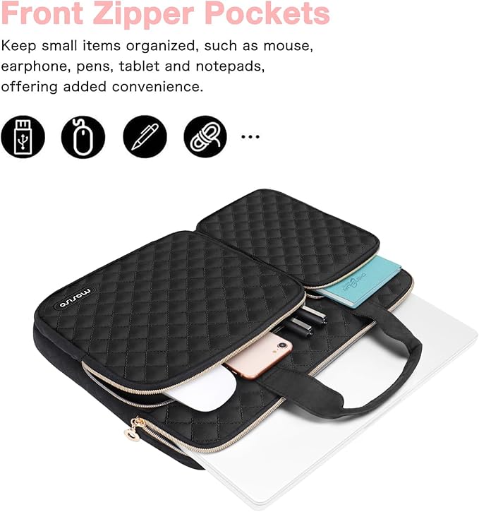 MOSISO 360 Protective Laptop Case 13.3 inch, 13-13.3 inch Laptop Sleeve Compatible with MacBook Air/Pro 13/Pro 14,HP Dell ASUS Lenovo, Square Quilted Bag Cover with 2 Pockets&Handle&Belt, Black