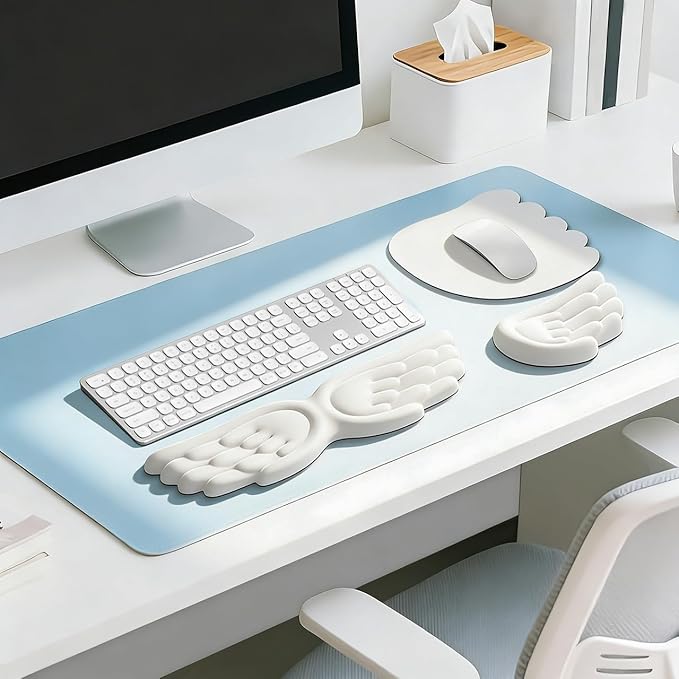 JIKIOU Angel Wing Wrist Rest Ergonomic Memory Foam Wrist Rest for Computer Keyboard Mouse Set, Cute Leather Keyboard & Mouse Support with PU Anti-Slip Base Waterproof White
