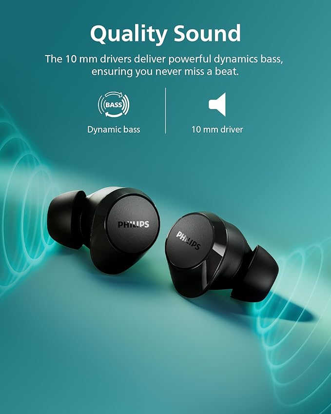 Philips TAT1219 True Wireless Bluetooth Earbuds - 18 Hours Play Time, Dynamic Bass, Clear Calls, IPX4 Water Resistant, Black