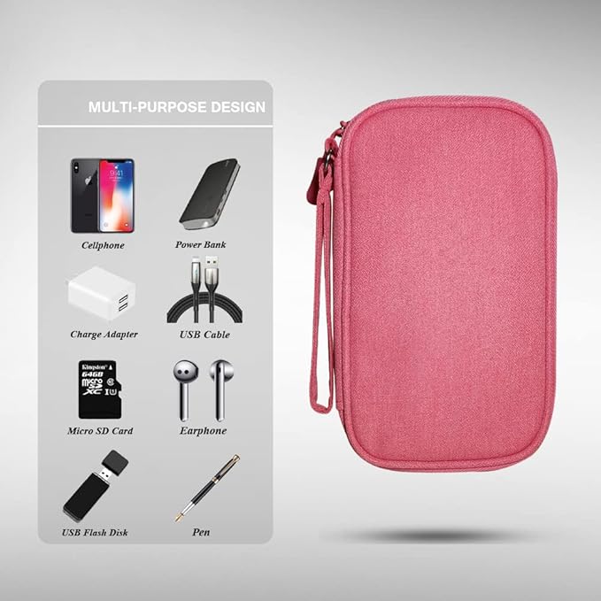 Electronics Organizer Bag Pouch Cable Charger Organizer Travel Shockproof Cord Carrying Case for Earphone Powerbank USB Hard Drive SD Card (Pink)