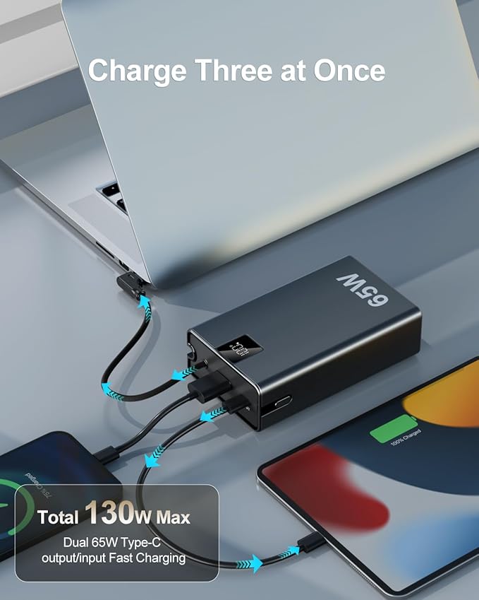 65W Power Bank 27000mAh TSA Approved, USB C Metal Laptop Charger Built-in Cable|Total 130W 3 Ports Fast Charging for MacBook,Steam Deck,iPad Pro|Airplane Safe Battery Pack for Travel,College Students