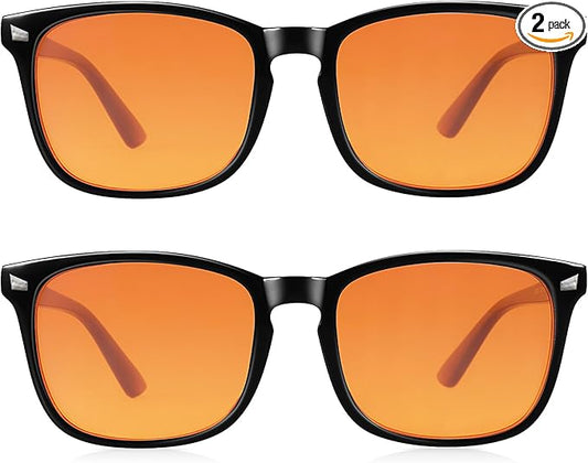 2 Packs Professional Sleep Glasses with 98.7% Blue Light Blocking Dual AR Coatings Amber Lens, Computer Gaming Glasses for Men Women, Anti Fatigue & Eye Strain